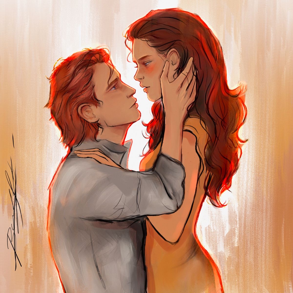 A semi-realistic, water color style portait of the main couple in Unholy, Sebastian and Aurora, in a gray shirt and gold dress, both with red hair.